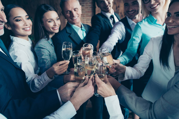 Cropped close up photo business people crowd diversity different age race excited team members gathering she her he him his clink golden wine beverage say toasts congrats formal wear jackets shirts - Fotoğraf, Görsel