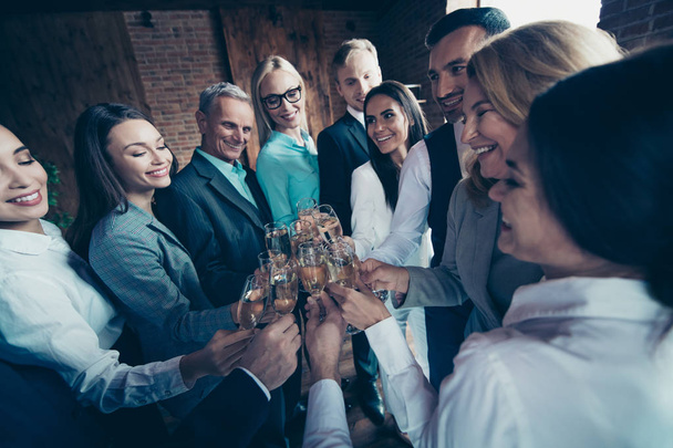 Close up photo business crowd people diversity different age race team members holiday she her he him his company hold hands clink golden wine saying toasts congrats formal wear jackets shirts - Valokuva, kuva