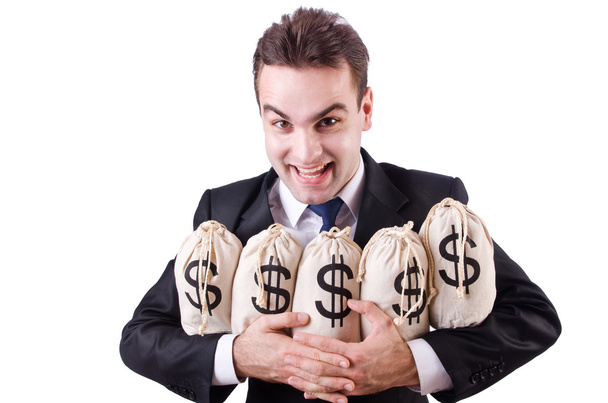 Бизнесмен с мешками денег на белом
 - Фото, изображение