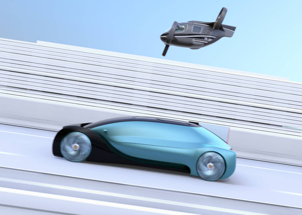 Self-Driving Drone pasażera taksówki pływające nad autonomicznym samochodem elektrycznym jazdy na autostradzie. Koncepcji Maas. obraz renderujący 3D. - Zdjęcie, obraz