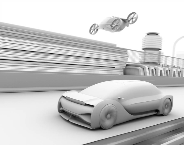 Clay tekee itseohjautuvan matkustajataksin ja itsenäisen sähköauton moottoritiellä. 3D-renderöintikuva
. - Valokuva, kuva