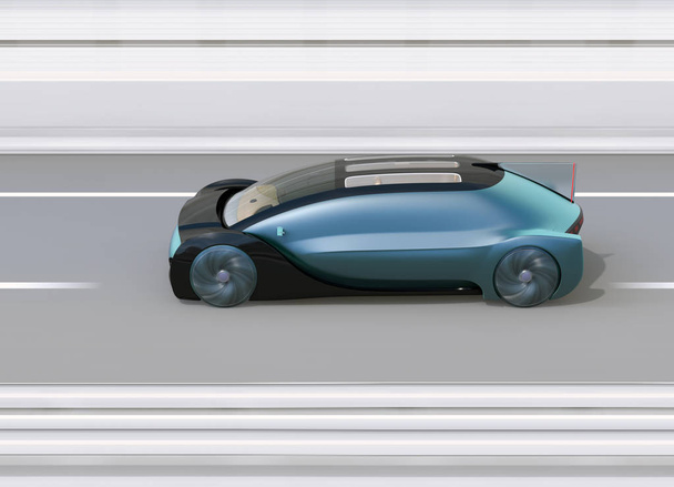 Metaliczny zielony autonomiczny samochód elektryczny jazdy na autostradzie. obraz renderujący 3D. - Zdjęcie, obraz