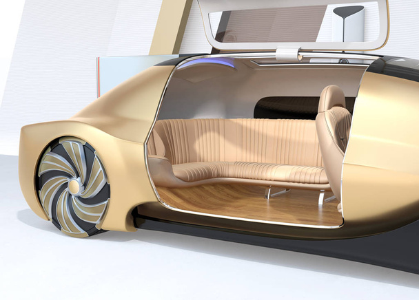 Крупный план самостоятельного вождения электромобиля с открытой правой дверью. 3D рендеринг изображений
. - Фото, изображение