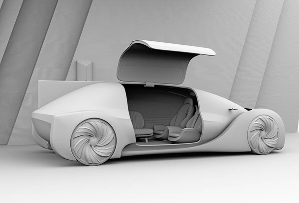 Clay renderowania Self jazdy samochodów elektrycznych zewnętrznych. Prawe drzwi otwierane i przednie siedzenia skierowane do tyłu. obraz renderujący 3D. - Zdjęcie, obraz