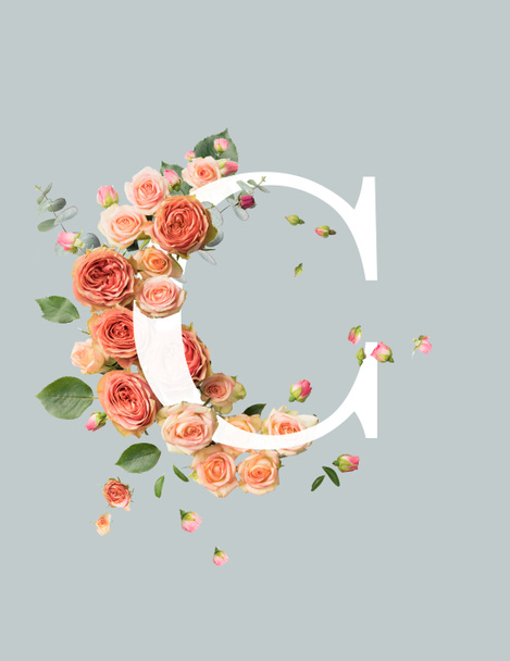 white letter C with beige roses and green leaves isolated on grey - Zdjęcie, obraz