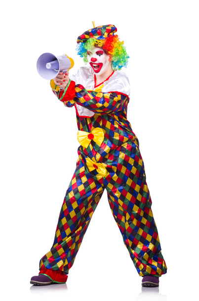 Clown with loudspeaker on white - Photo, Image