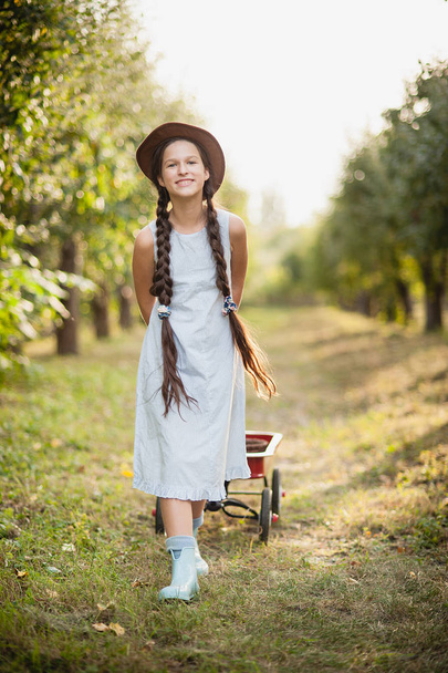 Girl with Apple in the Apple Orchard - Фото, зображення