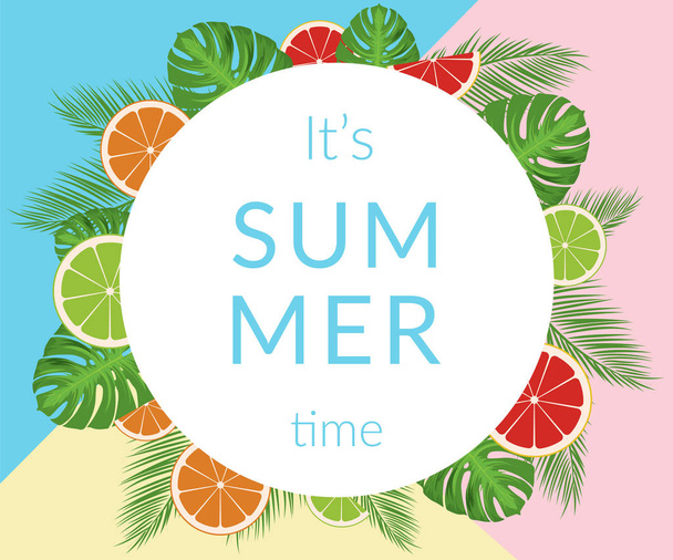 Summer time vector banner design with white circle for text and colorful elements - ベクター画像