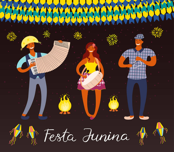 Festa Junina poster met muzikanten en lantaarns met Bunting en vuurwerk met Portugese tekst. Hand getekende vector illustratie. Platte stijl ontwerp. Concept voor Braziliaanse vakantie banner  - Vector, afbeelding