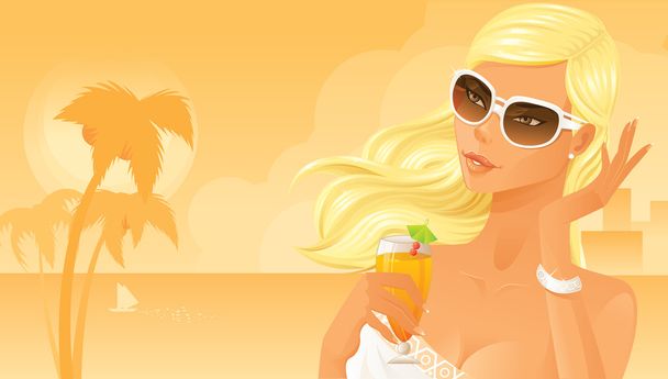 Beautiful woman drinking cocktail on beach - Vector, Image