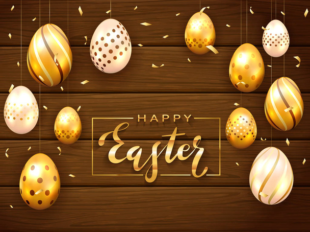 Holiday Card with Golden Easter Eggs on Wooden Background - Vektor, obrázek