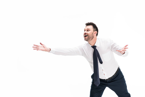 excited chubby man in formal wear with outstretched hands isolated on white with copy space - Foto, immagini