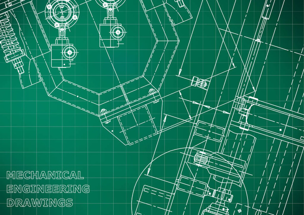 Blueprint, Sketch. Vector engineering illustration. Cover, flyer, banner, background. Instrument-making drawings. Mechanical engineering drawing. Technical illustrations, Light green background. Grid. Scheme - Vector, Image