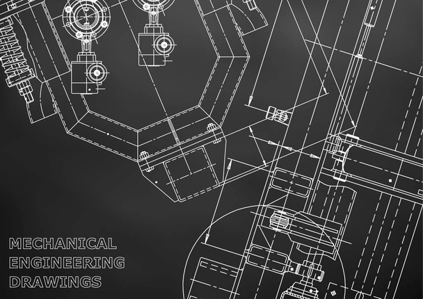 Blueprint, Sketch. Vector engineering illustration. Cover, flyer, banner, background. Instrument-making drawings. Mechanical engineering drawing. Technical illustrations, Black background. Scheme - Vector, Image