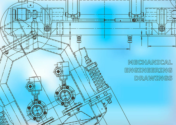 Sistemas de design assistidos por computador. Ilustrações técnicas, antecedentes. Desenho de engenharia mecânica. Indústria de construção de máquinas. Desenhos para fabricação de instrumentos. Planta, diagrama, plano. Azul
 - Vetor, Imagem
