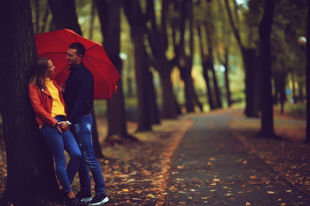 two people under an umbrella / a man and a woman are walking in a park with an umbrella, walking in the fall in the rain, an autumn umbrella - Photo, Image