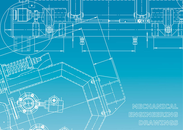 Computer aided design systems. Blueprint, scheme, plan, sketch. Technical illustrations, backgrounds. Mechanical. Blue and white - Vector, Image