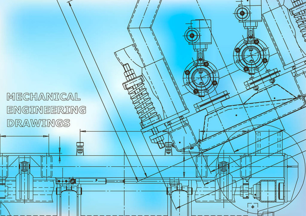 Počítačový systém designu. Plán, schéma, náčrt. Technické ilustrace, pozadí. Strojírenský výkres. Průmysl budování strojů. Výkresy tvorby nástrojů. Modré - Vektor, obrázek