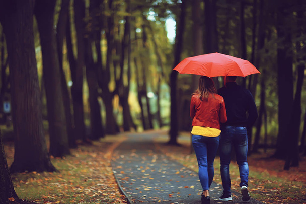 rain in the autumn park / young 25 years old couple man and woman walk under an umbrella in wet rainy weather, walk October lovers - Photo, Image