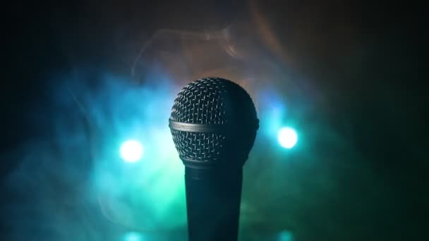 Microphone for sound, music, karaoke in audio studio or stage. Mic technology. Voice, concert entertainment background. Speech broadcast equipment. Live pop, rock musical performance - Footage, Video