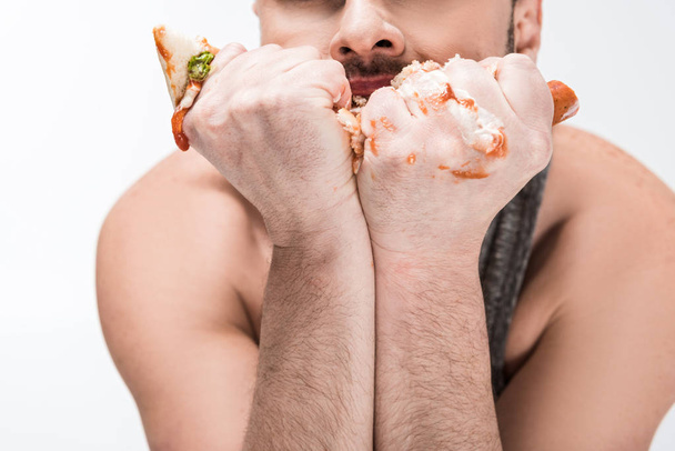 vista recortada de hombre con sobrepeso apretando hot dog en manos aisladas en blanco
 - Foto, Imagen
