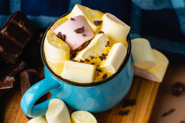 marshmallows blue cup and cocoa - Photo, Image