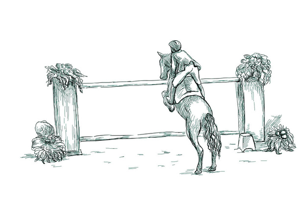 Saut d'obstacles, illustration dessinée à la main. Ligne art technique sur whi
 - Photo, image