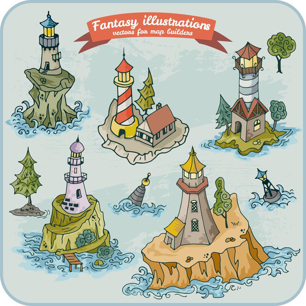 Ilustracja Fantasy latarnie morskie do budowania mapy w formacie ręcznym rysować wektor - Wektor, obraz