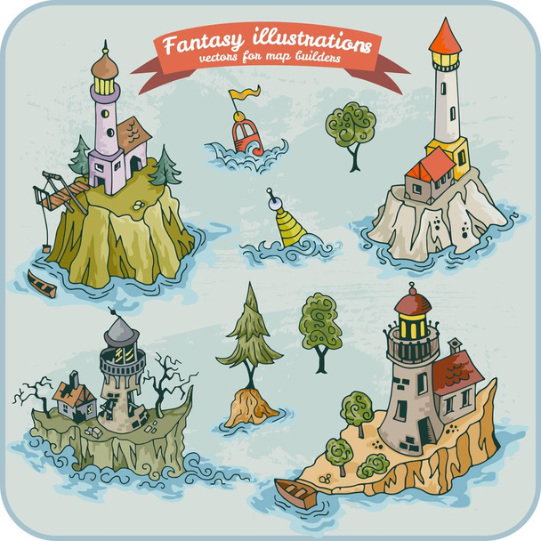 Fantasie-Illustration von Leuchttürmen für den Kartenaufbau im Vektorformat - Vektor, Bild