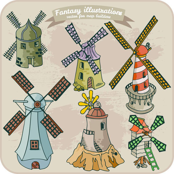 Fantasy illusztrációja Windmill a Térkép épület kézi felhívni vektor formátum - Vektor, kép