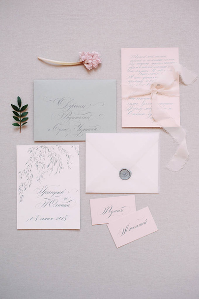 set of wedding calligraphy cards and ribbon  - Photo, Image