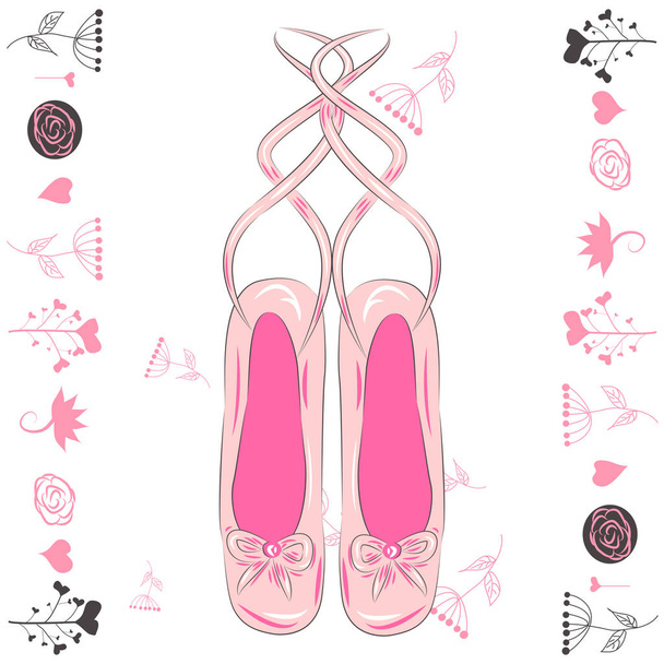 Diseño de camiseta. Boceto silueta dibujado a mano pointes zapatos, arco en colores rosados
. - Vector, Imagen