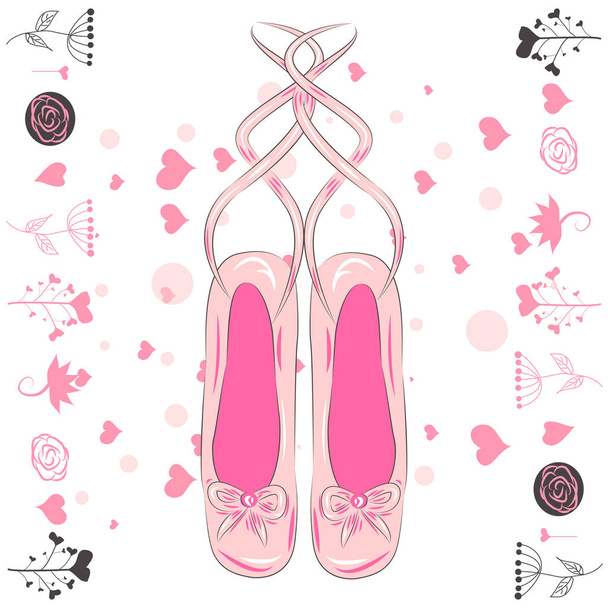 zarte rosa Spitzenschuhe mit rosa Bändern für den Balletttanz. - Vektor, Bild