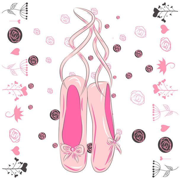 Hanging pink ballet shoes illustration made in outline style. - Vektor, obrázek
