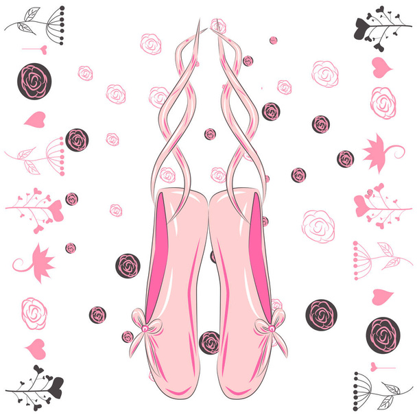 Hanging pink ballet shoes illustration made in outline style. - Vektor, obrázek