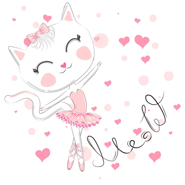 cute white cartoon cat in ballet tutu, kitty girl in a pink skirt, lettering Cute. sweet card - Vector, Image