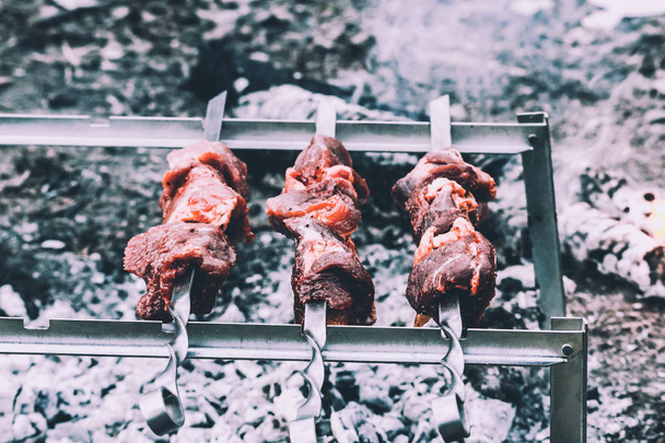 barbecuing chicken drumsticks on the grill in the park - Photo, image