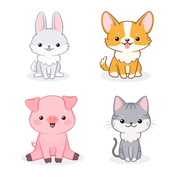 Set of cute animal characters on isolated white background  - Vektor, Bild