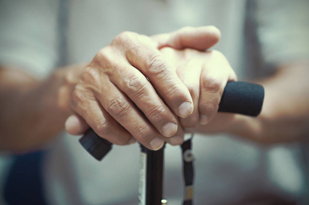 Hands of a senior man holding a cane - Photo, Image