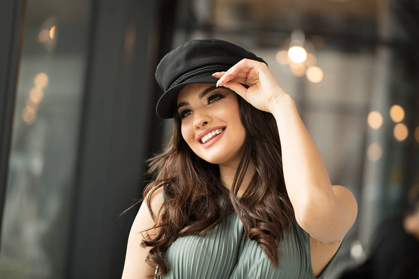 Portrait of happy woman in french style hat. - Foto, Imagem