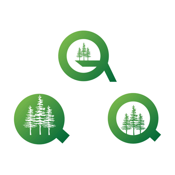 ilustración moderna letra q y tres pinos color verde conjunto
 - Vector, imagen