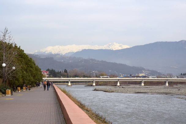 River embankment in Sochi, Russia, Adler. Mountain view. - Photo, Image