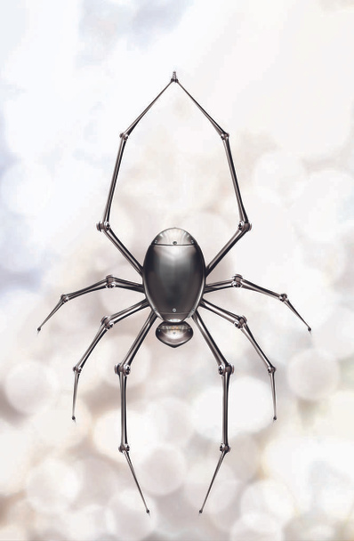 сталевий робот-павук висить з єдиної веб-лінії з розмитими колами освітлення на задньому плані
 - Фото, зображення