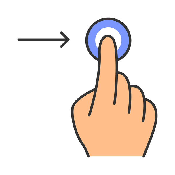Poziome przewijania prawo wskazując kolor ikona. Gest dotykowy. Ludzka ręka i palce. Dotknij, wskaż, kliknij. Korzystanie z urządzeń sensorycznych. Ilustracja wektorowa na białym tle - Wektor, obraz