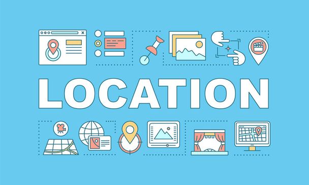Location word concepts banner. Film location scouting. Video production studio searching. Presentation, website. Isolated lettering typography idea with linear icons. Vector outline illustration - Διάνυσμα, εικόνα