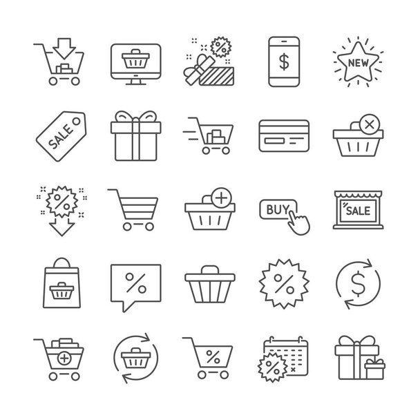 Shopping line icons. Present coupon, Gift box and Sale offer tag signs. Shopping cart, surprise gift and Delivery symbols. Speech bubble, Discount tag coupon , Credit card. Online sale. Vector - Vektor, obrázek