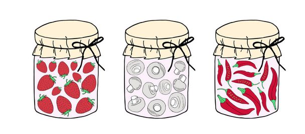 Set of colored hand drawn vector illustration. Set of pickle jars with vegetables. Set with tinned vegetables. - Vector, Image