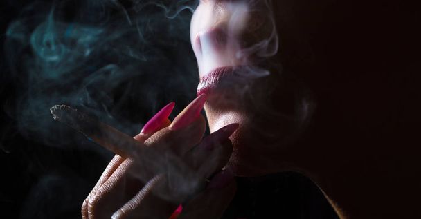 Seksikkäät huulet, aistillinen suu. Tupakan huulet, seksikäs tupakointi. Tupakkaa, savua, savua. Makro naiset kohtaavat osittain. Lähikuva, korkea resoluutio
 - Valokuva, kuva