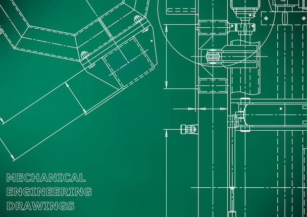ベクトルエンジニアリングイラストレーション。機械工学図面。楽器作りの図面。コンピュータ支援設計システム。テクニカルライトグリーンの背景 - ベクター画像