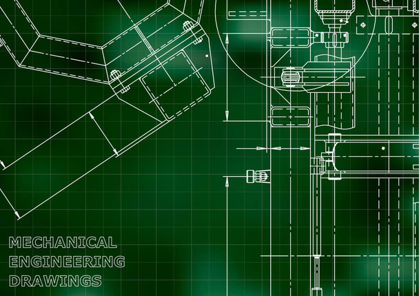 ベクトルエンジニアリングイラストレーション。機械工学図面。楽器作りの図面。コンピュータ支援設計システム。テクニカルグリーンの背景。グリッド - ベクター画像